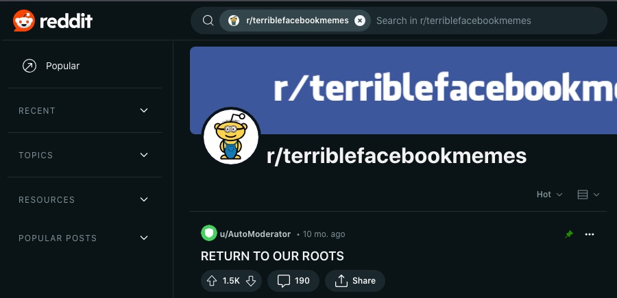 16 sjove subreddits, der garanteret får dig til at grine højt 6 Et skærmbillede af r/terriblefacebookmemes webpage