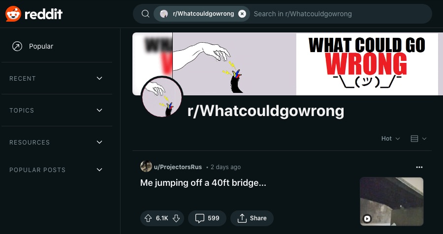 16 sjove subreddits, der garanteret får dig til at grine højt 7 Et skærmbillede af r/Whatcouldgowrong webpage
