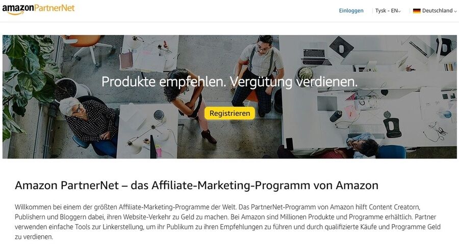Skærmbillede af webstedet Amazon Associates Tyskland