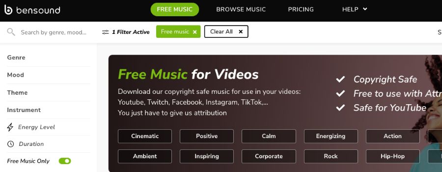 De 11 bedste websider, hvor du lovligt kan downloade gratis musik 4 Skærmbillede af Bensound hjemmeside