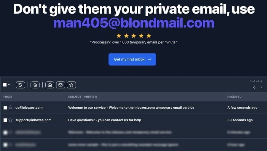 Skærmbillede af inboxes hjemmeside