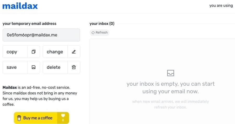 Skærmbillede af maildax.com hjemmeside