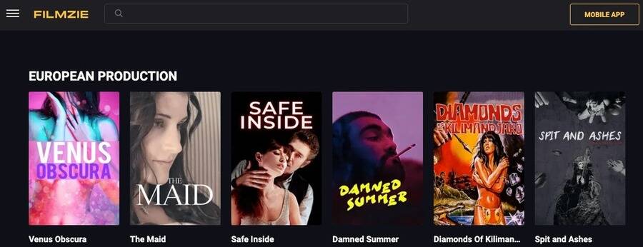 Skærmbillede af Filmzie hjemmeside.