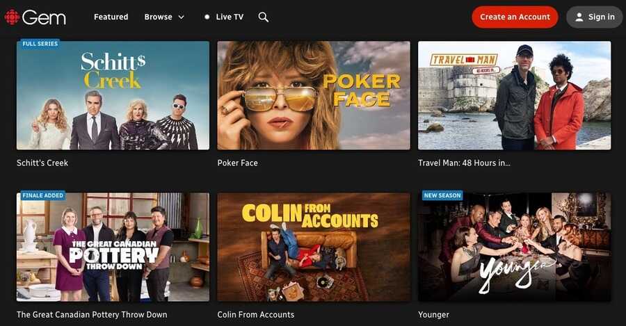 Skærmbillede af CBC Gem hjemmeside.