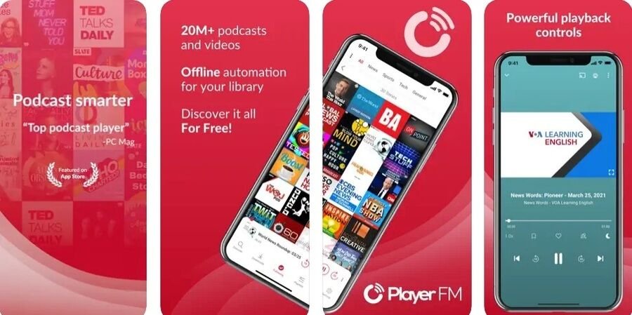 Skærmbilleder af Player FM-programmet 