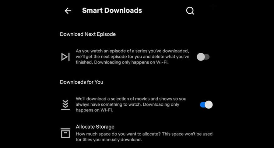 Skærmbillede af Netflix Smart Downloads indstilling 