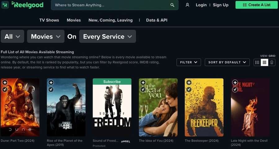 Skærmbillede af Reelgood hjemmeside