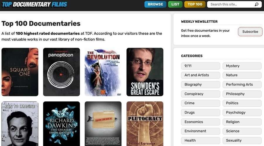 De 14 bedste sider til at se film gratis 13 Skærmbillede af Top Documentary Films hjemmeside