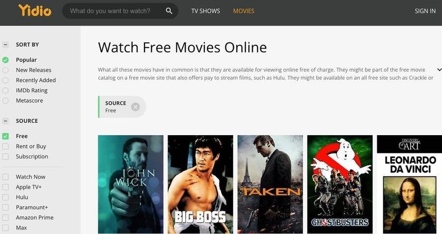 De 14 bedste sider til at se film gratis 9 Skærmbillede af Yidio hjemmeside