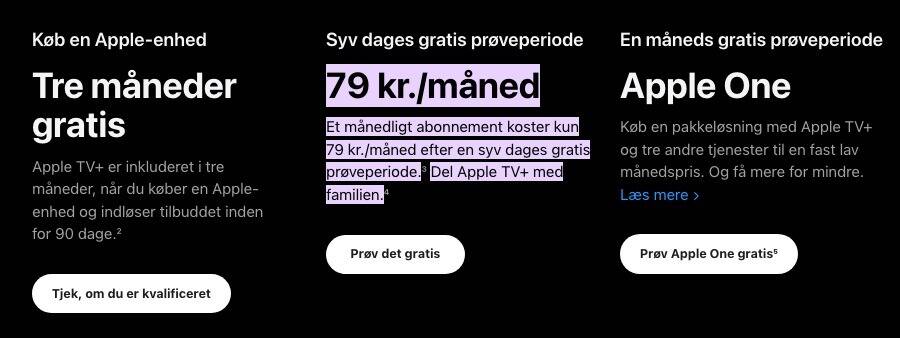 Skærmbillede af priser på Apple TV+ hjemmeside