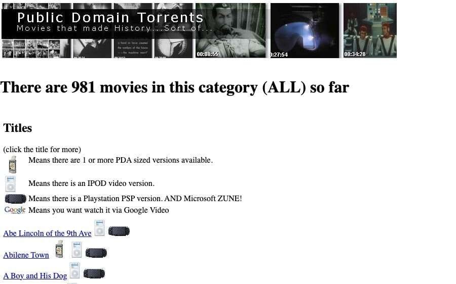 Skærmbillede af Public Domain Torrents hjemmeside