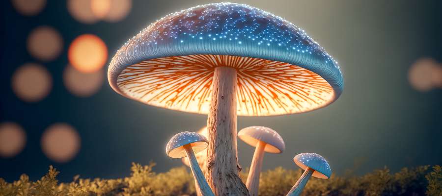 Forbløffende svampe  med lysende blå hatte, der vokser i skoven