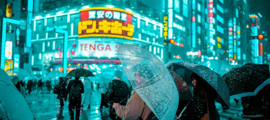 En gruppe mennesker går ned ad en gade med paraplyer. Når det sner i Shinjuku, Tokyo.