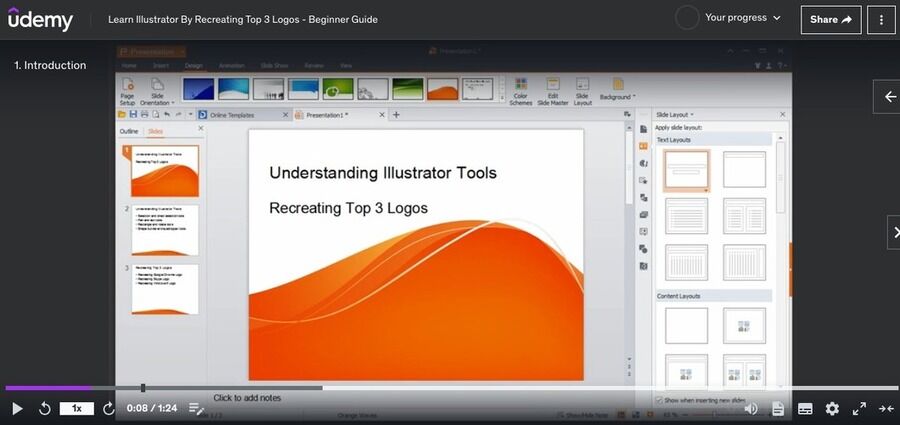 Skærmbillede af kurset "Lær Adobe Illustrator" på Udemy