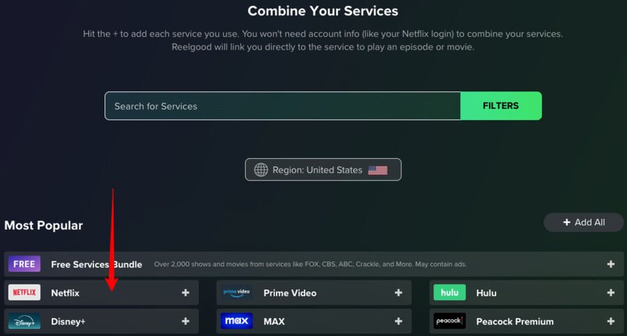 Usikker på, hvad du skal se på dine streamingtjenester? Tryk på denne knap 2 Skærmbillede af Reelgood Roulettes hjemmeside, indstilling af streamingtjenester.