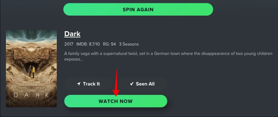 Usikker på, hvad du skal se på dine streamingtjenester? Tryk på denne knap 4 Skærmbillede af Reelgood Roulettes hjemmeside, resultatet af tilfældige film.