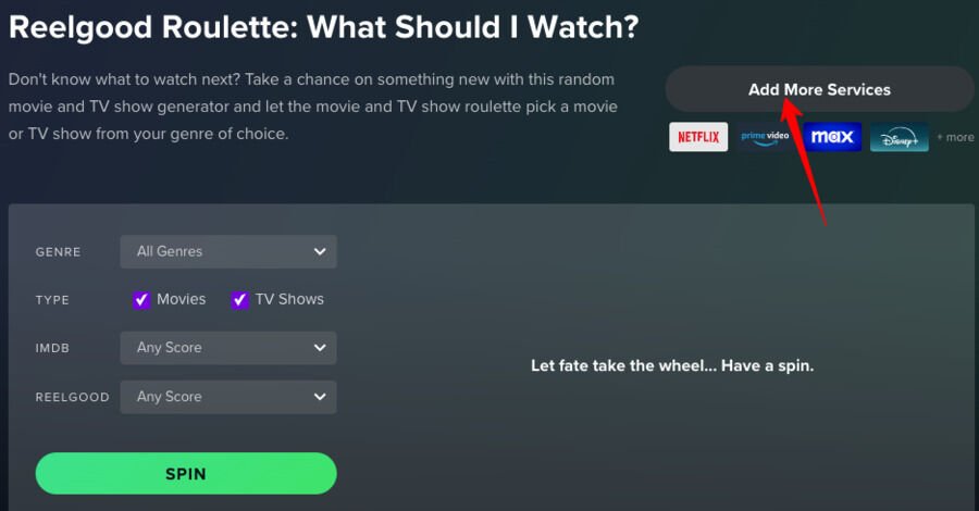Usikker på, hvad du skal se på dine streamingtjenester? Tryk på denne knap 1 Skærmbillede af Reelgood Roulette tilfældig filmgenerator hjemmeside.