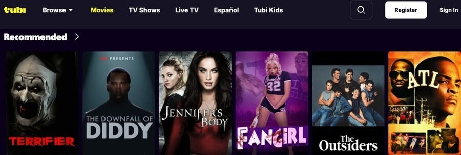 Skærmbillede af Tubi TV websiden.