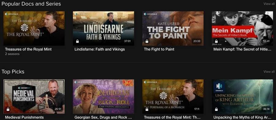 Skærmbillede af History Hit hjemmeside.