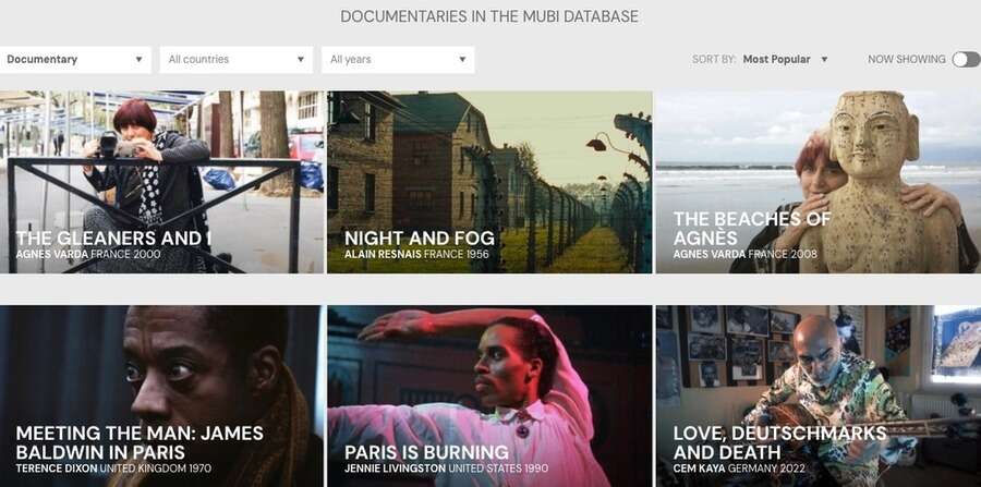 Skærmbillede af MUBI hjemmeside.