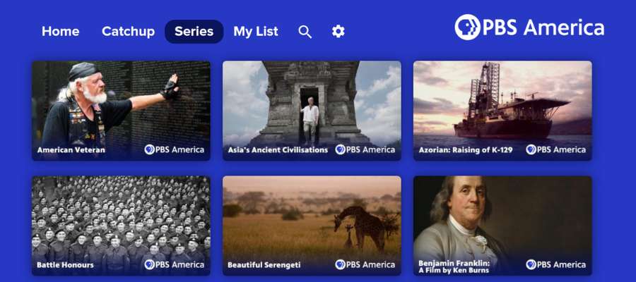 Billede af PBS America-appen på smart-tv.