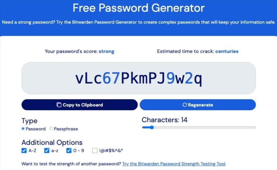 Skærmbillede af adgangskodegeneratoren på Bitwarden-siden.
