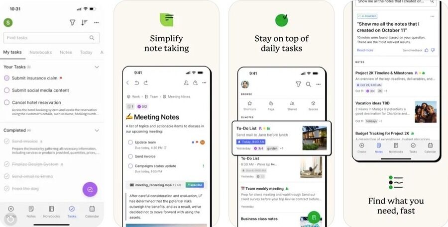 Skærmbilleder af den mobile version af Evernote.
