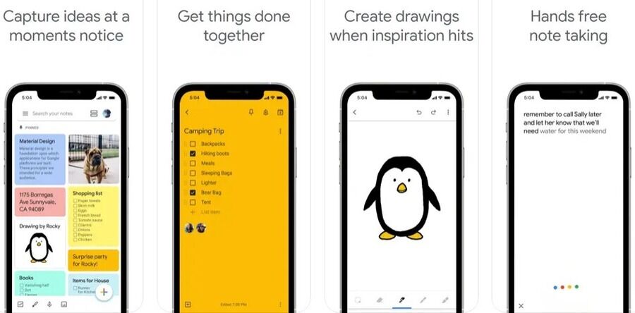 Skærmbilleder af den mobile version af Google Keep.