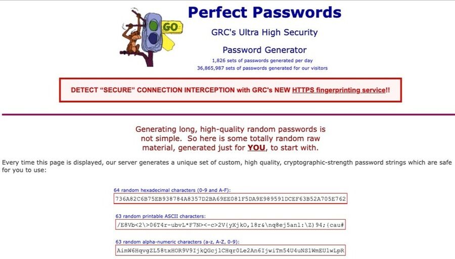 Skærmbillede af adgangskodegeneratoren på Perfect Passwords-siden.