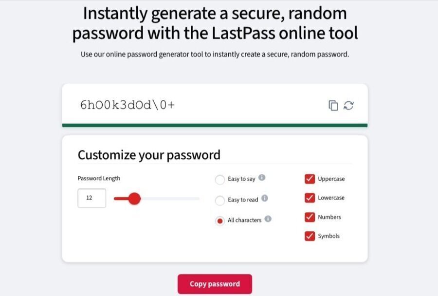 Skærmbillede af adgangskodegeneratoren på Lastpass-siden.