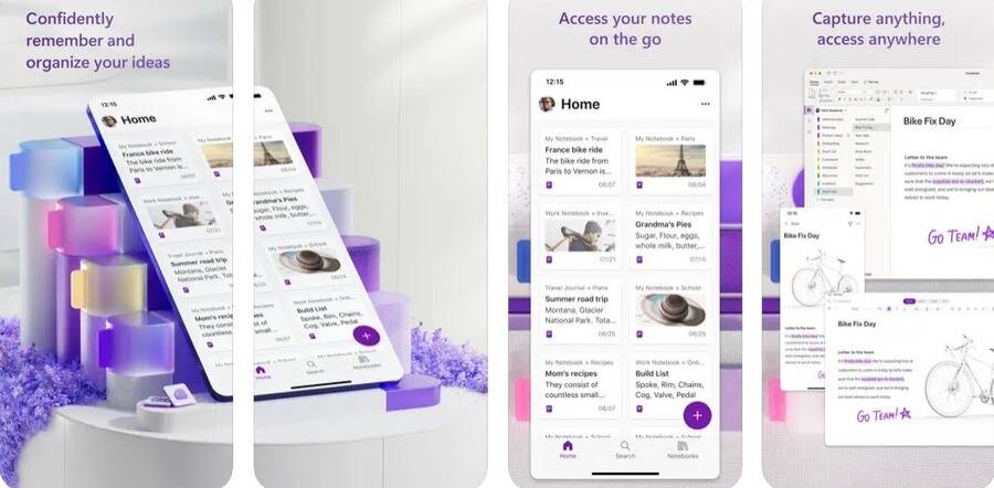 Skærmbilleder af den mobile version af Microsoft OneNote.