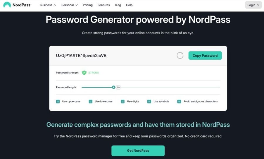 Skærmbillede af adgangskodegeneratoren på NordPass Password Generator-siden.