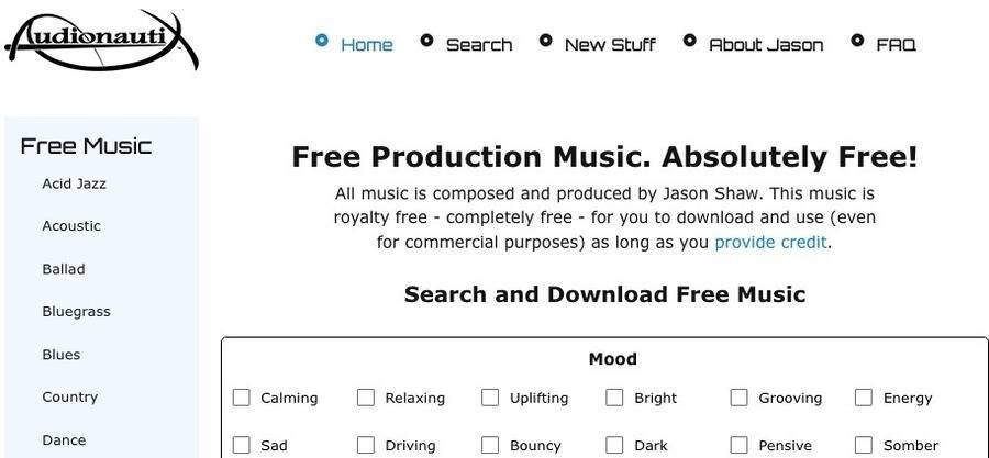 Skærmbillede af Audionautix hjemmeside.