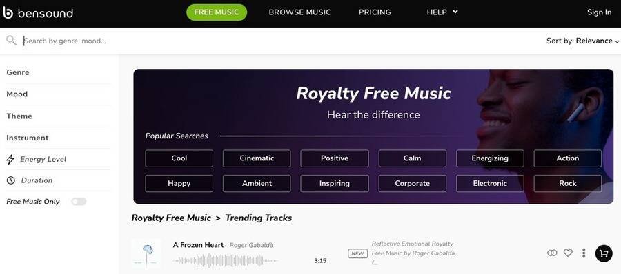 Skærmbillede af Bensound hjemmeside.