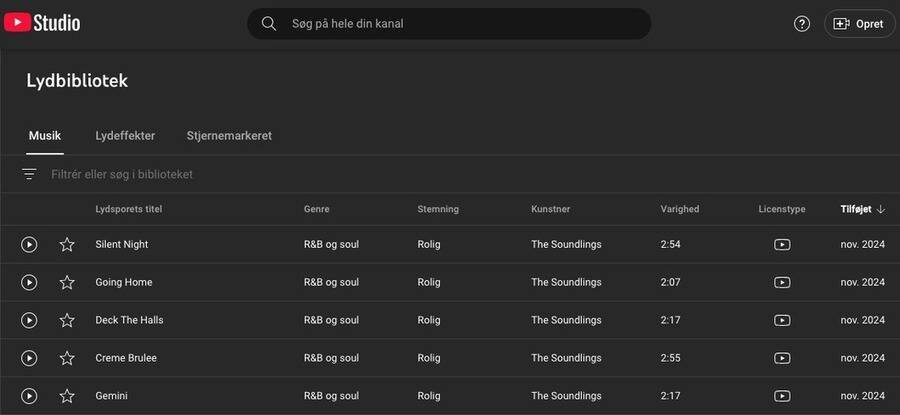 Skærmbillede af Youtube Studio hjemmeside.