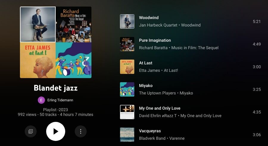 Skærmbillede af en jazz-playliste på YouTube Music med titlen 'Blandet jazz', oprettet af Erling Tidemann. 