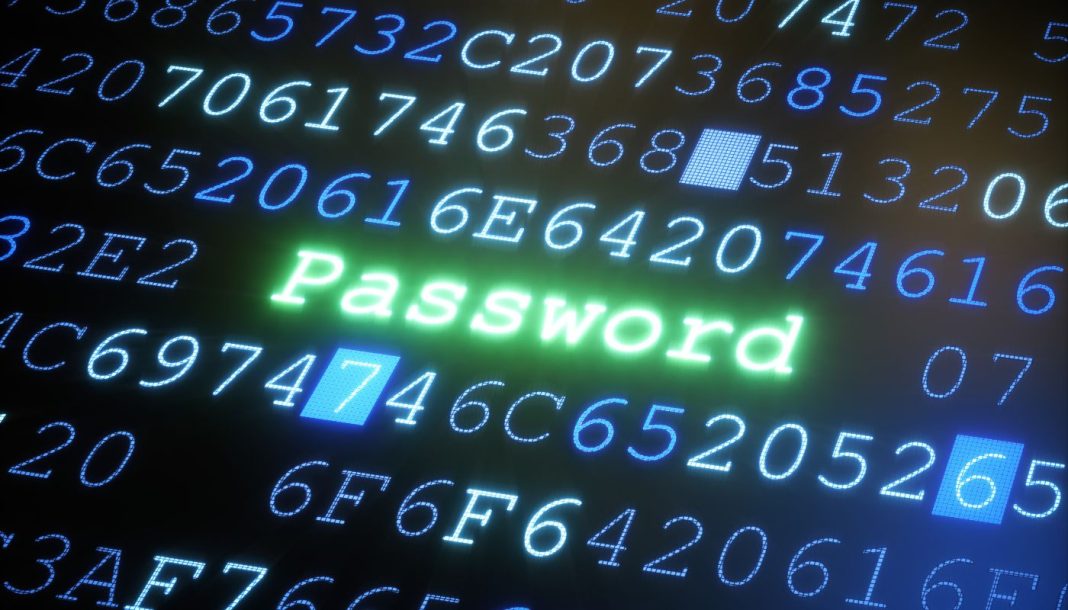 adgangskodemanager Abstrakt billede af digital kode på en skærm med ordet "Password" tydeligt markeret i grønt.