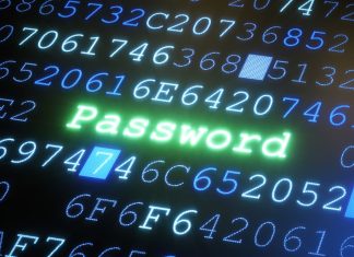 Abstrakt billede af digital kode på en skærm med ordet "Password" tydeligt markeret i grønt.