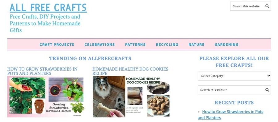 Et skærmbillede af All free crafts - hjemmesiden.