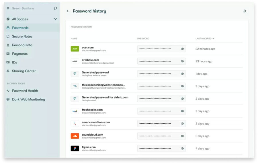 Hvorfor du bør bruge en adgangskodeadministrator, og hvordan du kommer i gang 3 Skærmbillede af adgangskodens historik i Dashlane.