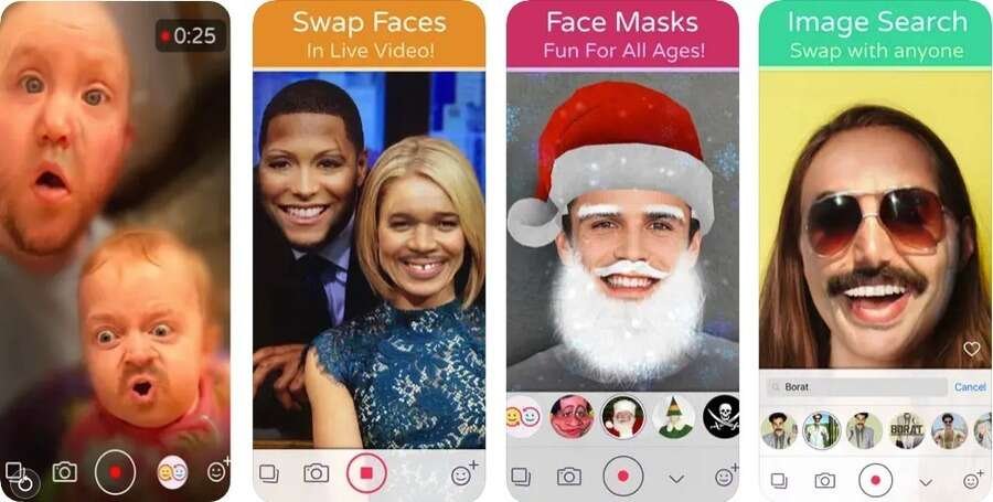 Skærmbilleder af Face Swap Live appen.
