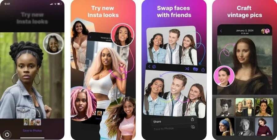 Skærmbilleder af Face Swapper appen.