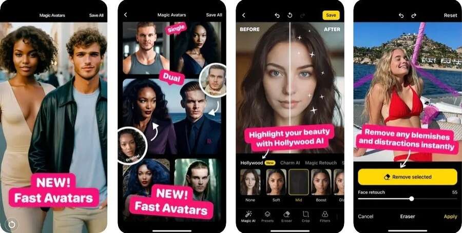 Skærmbilleder af Lensa AI appen.