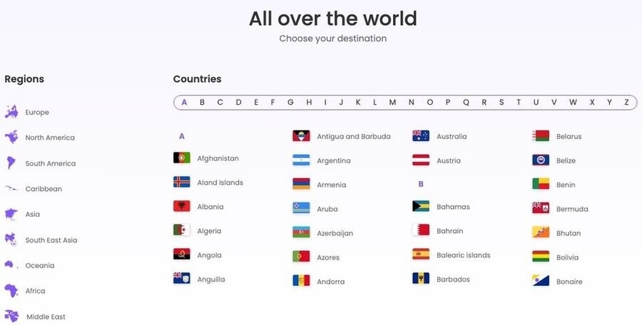 Slip for dyr roaming: Sådan kan SimOptions eSIM spare dig penge på rejsen 6 Billedet viser en liste over regioner og lande fra hele verden, organiseret alfabetisk. Denne liste er præsenteret af SimOptions.