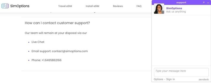 Slip for dyr roaming: Sådan kan SimOptions eSIM spare dig penge på rejsen 10 Et skærmbillede af SimOptions' supportside, der viser kontaktmuligheder.