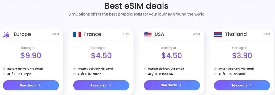 Slip for dyr roaming: Sådan kan SimOptions eSIM spare dig penge på rejsen 5 Billedet viser de bedste eSIM-tilbud fra SimOptions til rejser rundt om i verden.