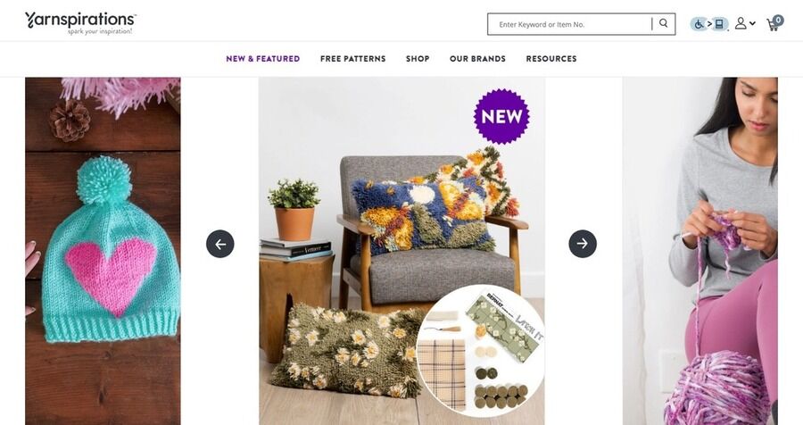 Et skærmbillede af Yarnspirations - hjemmesiden.