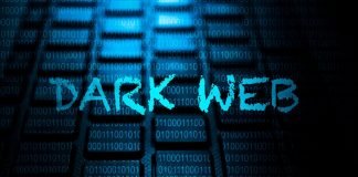 En baggrund af en computer-tastatur med binære tal (1 og 0) overlejret i blå farve. I forgrunden står teksten "DARK WEB" skrevet i en ru, blå skrifttype.