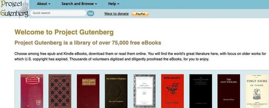 Skærmbillede af Project Gutenberg-siden.