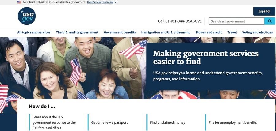 Skærmbillede af USA Gov-siden.